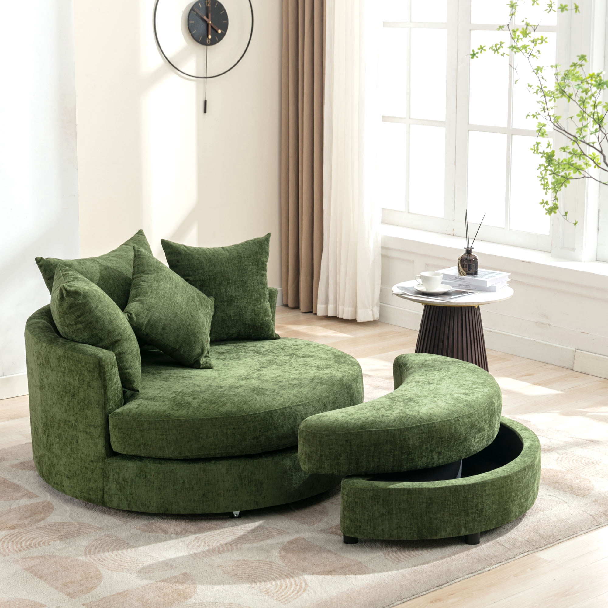 Euroco 360° Swivel Barrel Chair with Storage Ottoman and 4 Movable Pillows, Upholstered Linen Accent Chair with Ergonomic Backrest, Metal Base