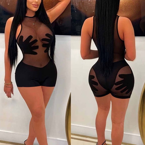 Lilgiuy Women's New Charming Mesh Perspective Stitching High Waist Sleeveless One-piece Shorts Jumpsuit for Daily Life