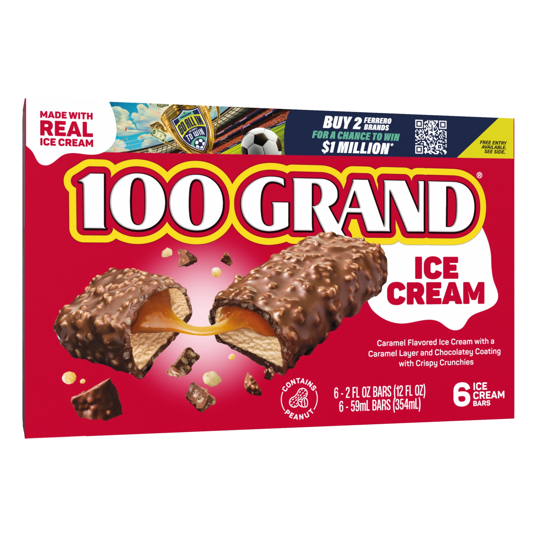100 Grand Ice Cream Bars with Caramel, Crispy Crunchies & Chocolatey Coating, 6 pack, Frozen Dessert