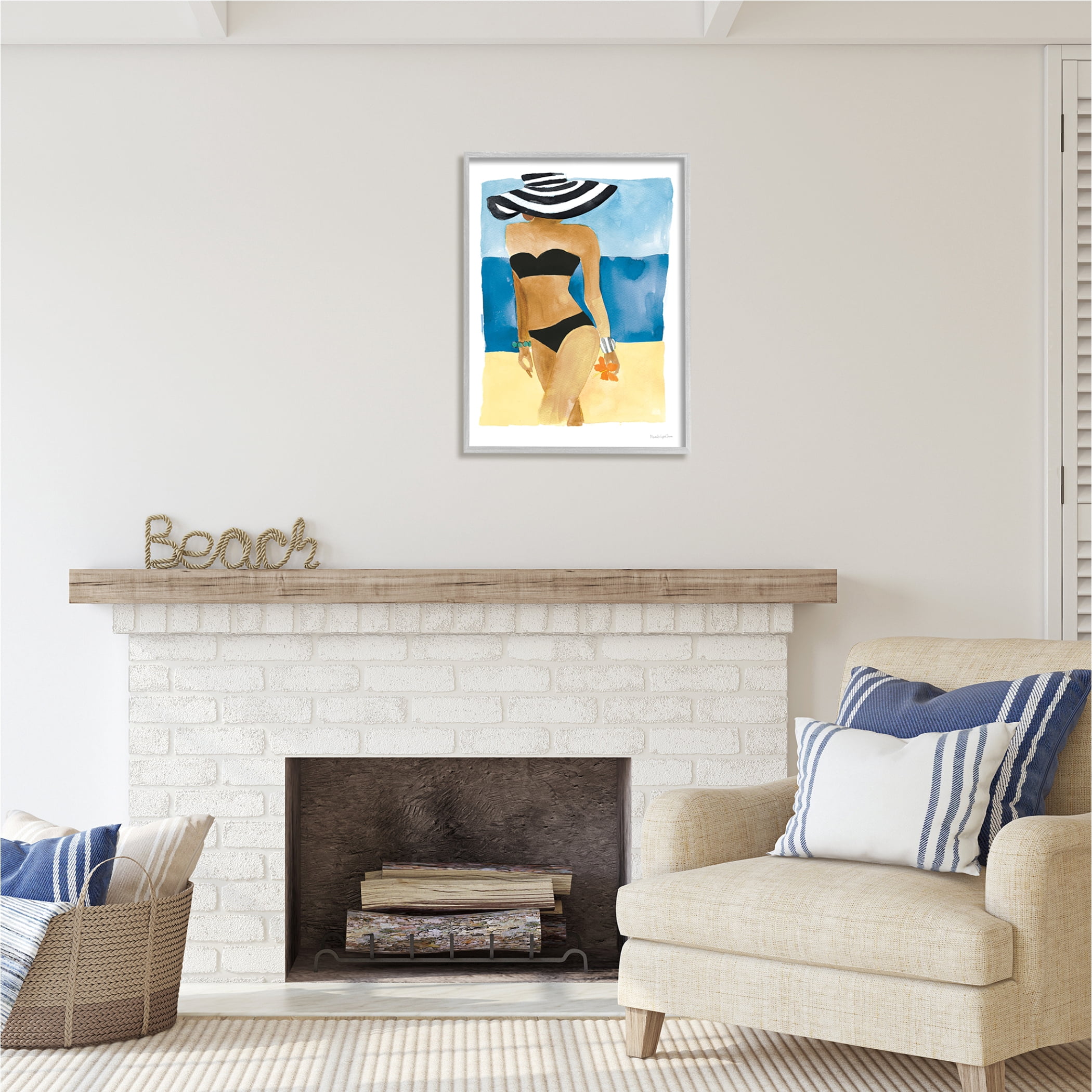 Stupell Industries Girl on Beach Painting Nature Painting Gray Framed Art Print Wall Art, 24 x 30