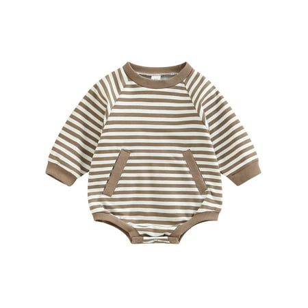 

AMILIEe Infant Baby Girls Boys Casual Romper Striped Round Neck Long Sleeve Bodysuit with Pockets