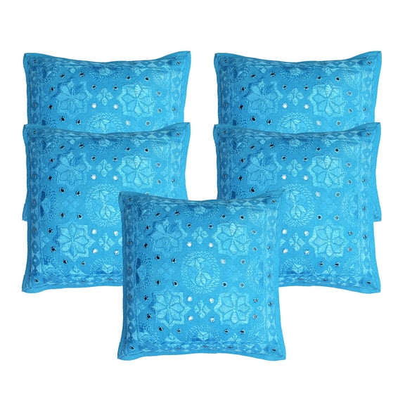 Stylo Culture Ethnic Decorative Throw Pillow Covers 16x16 Embroidered Turquoise Bohemian 40 x 40 cm Bed Room Cotton Mirrored Square Cushion Covers | Set Of 5