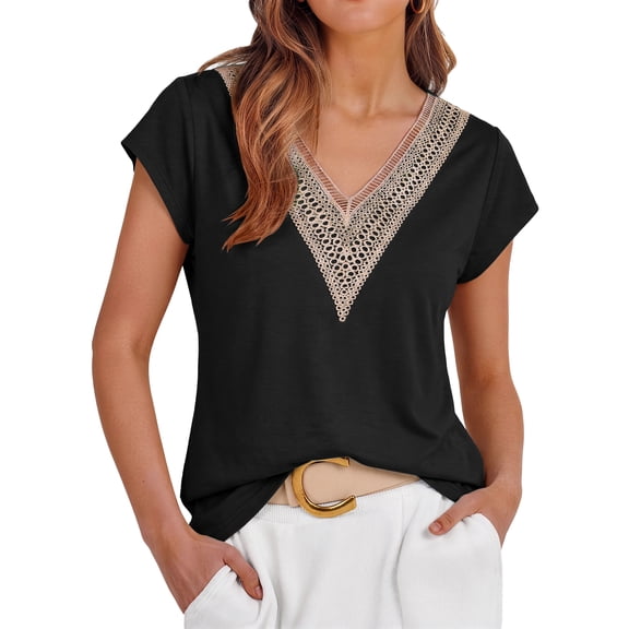 Fantaslook Lace Womens Blouses Cap Sleeve V Neck T Shirts for Women Summer Casual Tops