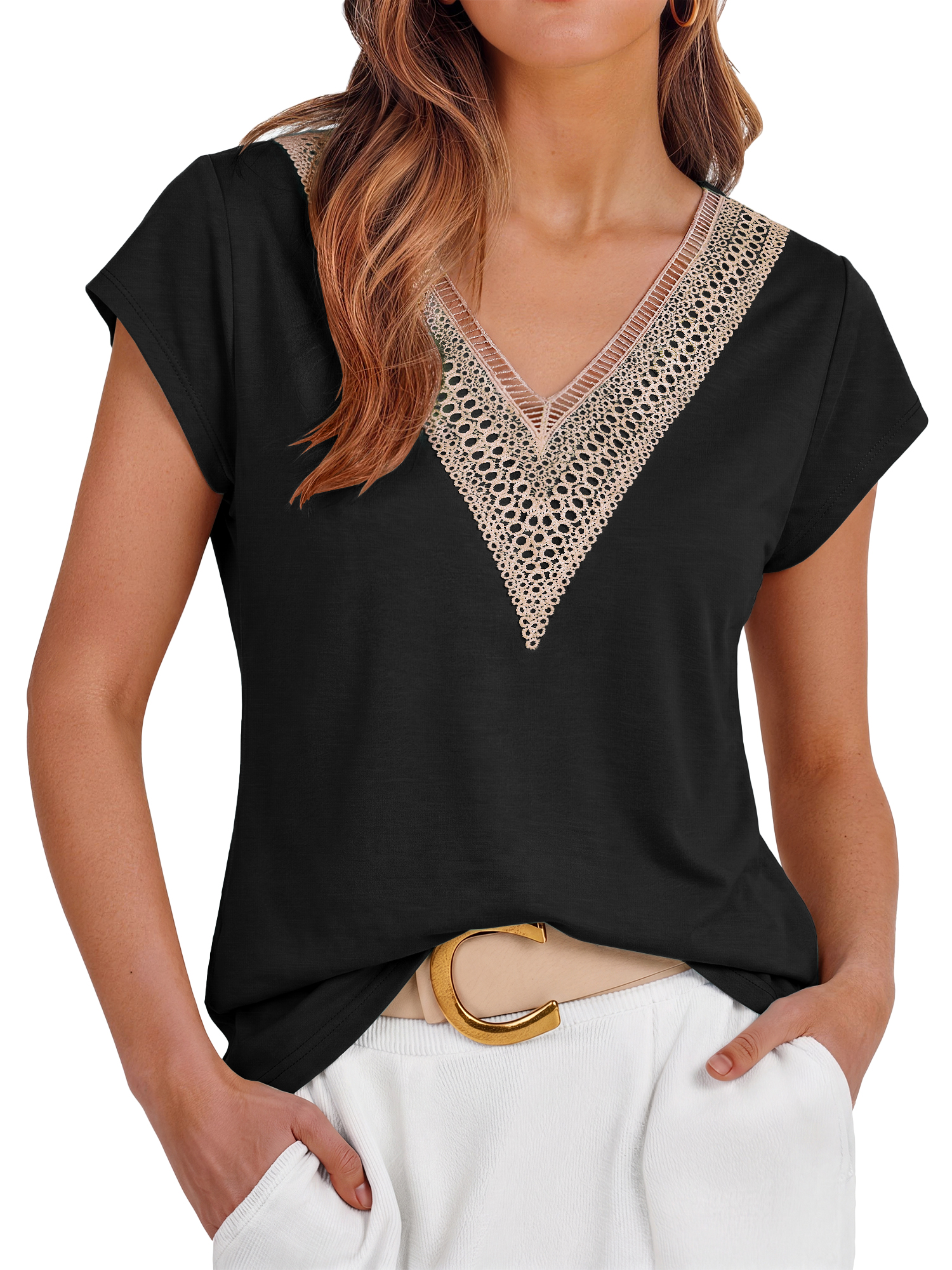 Fantaslook Lace Womens Blouses Cap Sleeve V Neck T Shirts for Women Summer Casual Tops