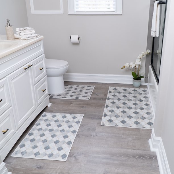 SussexHome Geometric Design 3 Piece Bathroom Rugs Set NonSlip Ultra