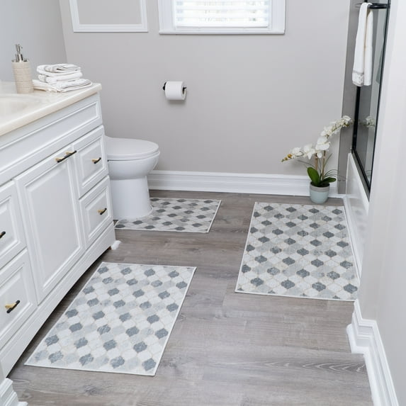SussexHome Geometric Design 3 Piece Bathroom Rugs Set - Non-Slip Ultra Thin Bath Rugs for Bathroom Floor - Washable Cotton Bathroom Mats Set