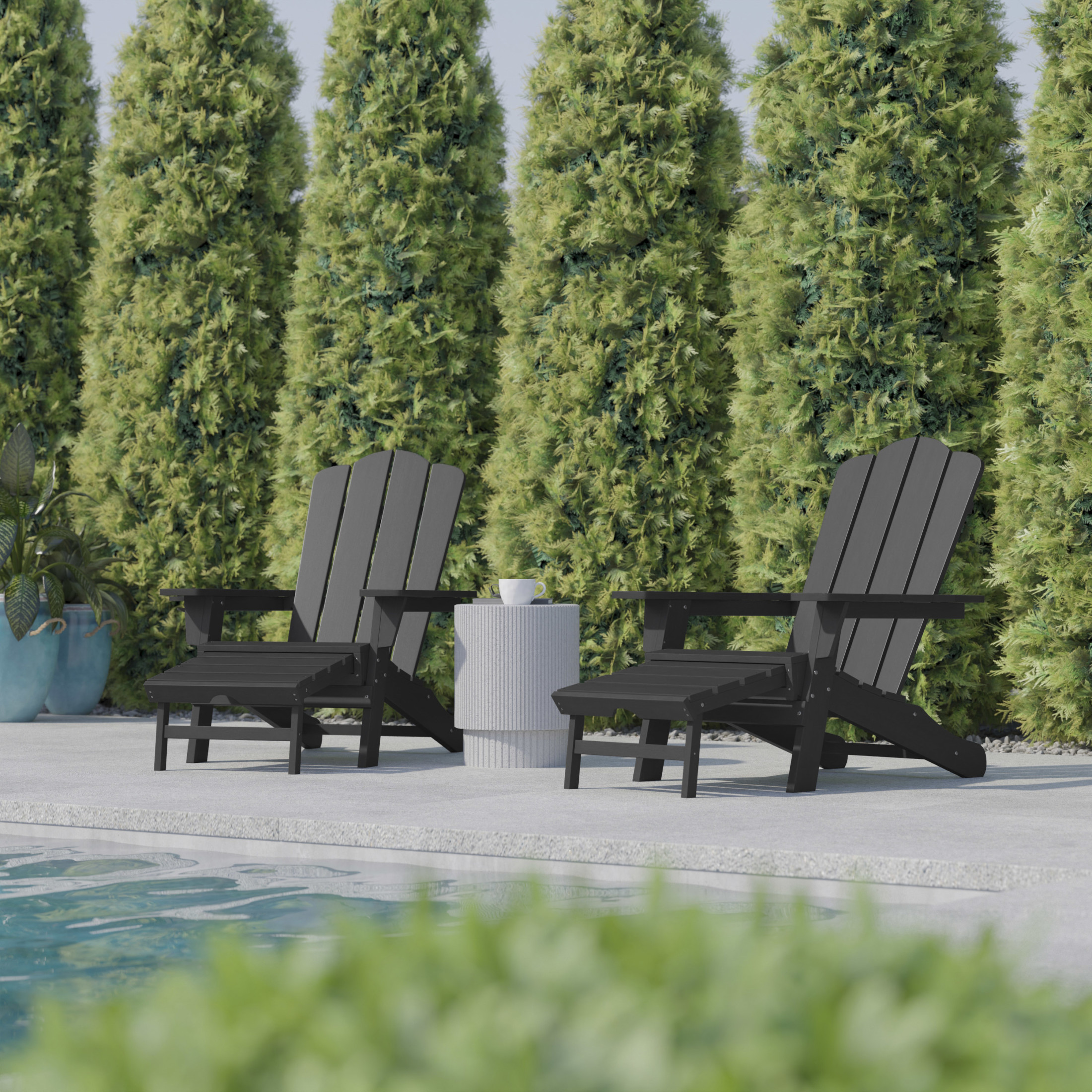 BizChair HDPE Adirondack Chair with Cup Holder and Pull Out Ottoman, All-Weather HDPE Indoor/Outdoor Lounge Chair in Gray, Set of 2