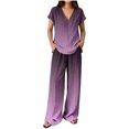 thumbnail image 3 of Cagogo Women Plus Size 2 Piece Outfits Summer Vacation Set Loose V Neck Short Sleeve Tshirt Wide Leg Pants Casual Cruise Travel Lounge Tracksuits Boho Gradient Matching Sets, Purple 2XL, 3 of 6