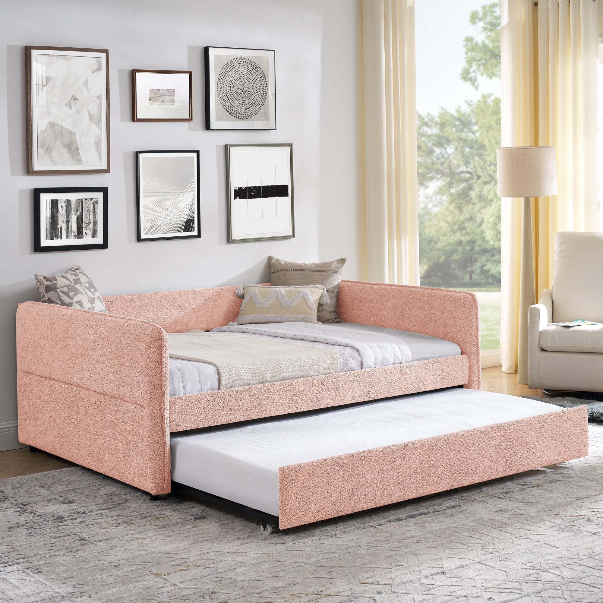 Mintazer Full Upholstered Daybed with Trundle, Boucle Fabric Sofa Bed for Living Room & Bedroom, Pink