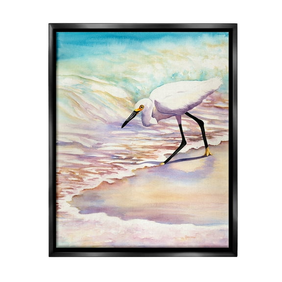 Stupell Industries Bird on Pastel Shore Animals & Insects Painting Black Floater Framed Canvas Art Print Wall Art, 17 x 21