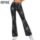 thumbnail image 2 of Pantalones acampanados con cintura elástica para mujer, pantalones acampanados metálicos de piel de serpiente, cintura alta, ropa para fiestas y discotecas, festivales de música, 2 of 5