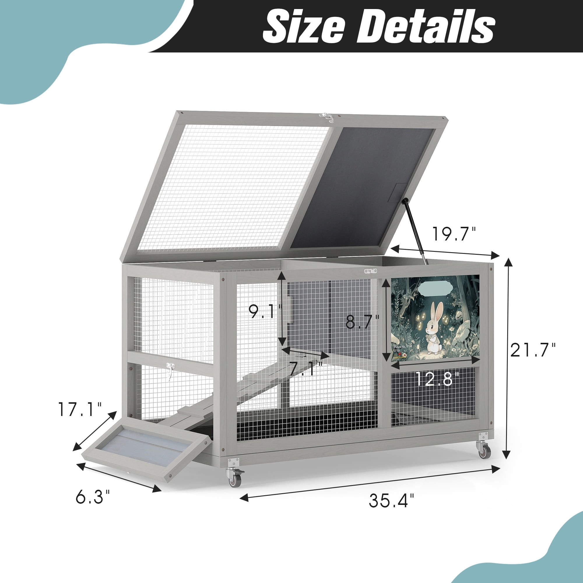 imerelez 2-Tier Bunny Hutch, Wood Rabbit Cage on Wheels with Openable Roof, Ramp, Easy-to-Clean Tray, Guinea Pig Pet House for Small Animals, Gray with Colorful Patterns