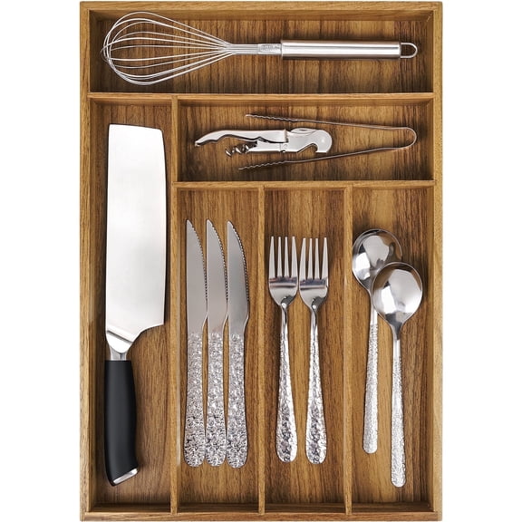 Acacia Wood Silverware Organizer, Kitchen Drawer Organizer for Flatware, Wooden Utensil Holder and Cutlery Tray with Grooved Drawer Dividers, 6 Compartment Utensil Tray for Forks, Spoon, Knives
