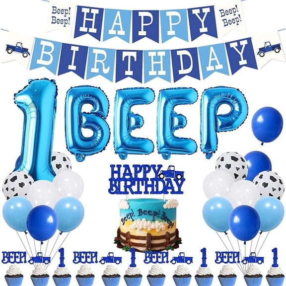 55Pcs Little Blue Truck Farm Theme 1st Birthday Party Decoration with Beep Beep Happy Birthday Banner Blue Truck Beep One Cake Topper for Kids Boys Girls First Birthday Party Supplies