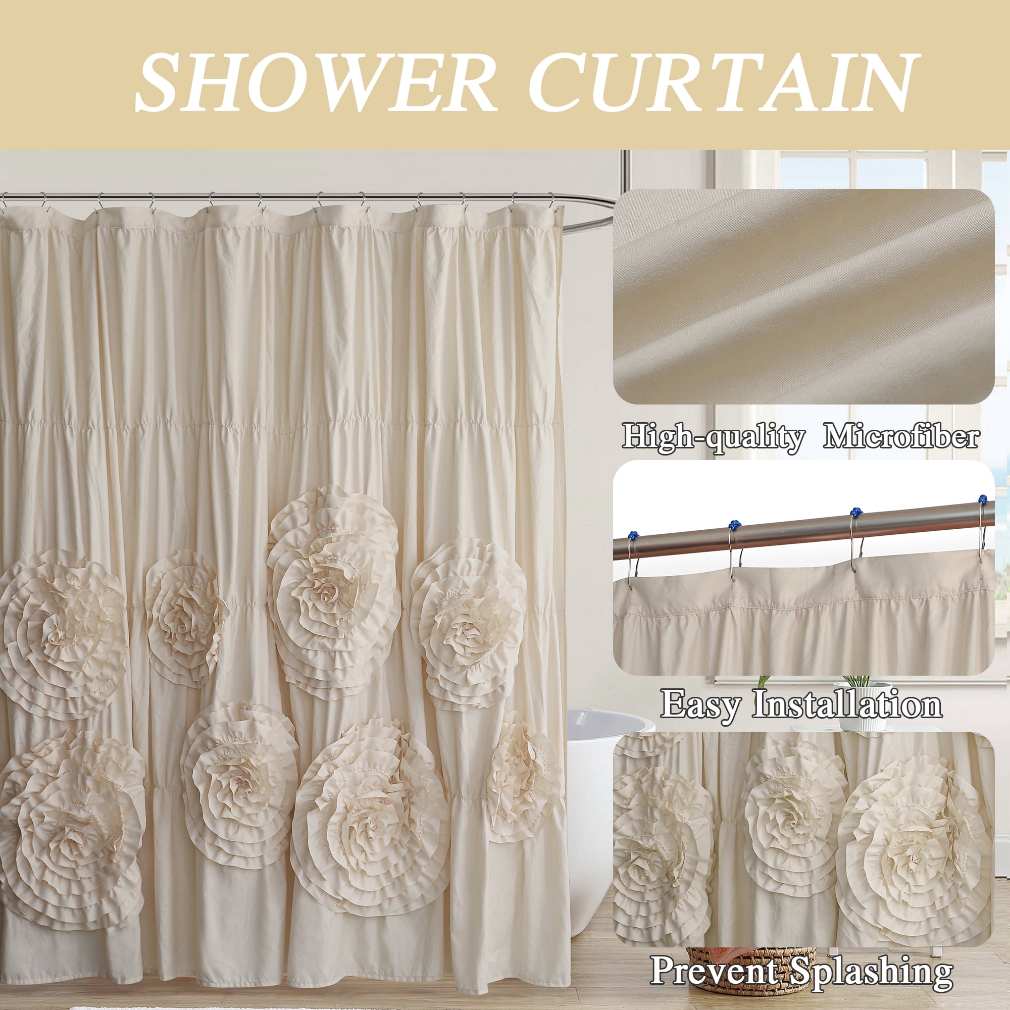 HIG Boho Ruffled Shower Curtain - Oversized Floral Print, Heavy Fabric with Elegant Draping for Bathroom, 72"x72", Camel