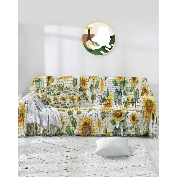 Sunflower Sofa Covers for 3 Cushion Couch,Washable Sectional & L Shape Couch Covers for Dog/Cat/Kid,Vintage Spring Summer Botanical Floral White Non Slip Sofa Slipcover Tassel Futon Cover 71x150