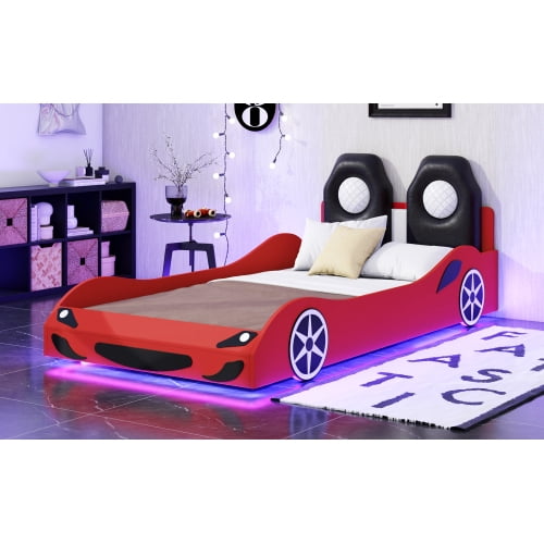 Twin Size Car-shaped Platform Bed with LED and Upholstered Backrest Headboard, Platform Bed Frame with Wheels and Safety Guardrails, No Box Spring Needed, Red
