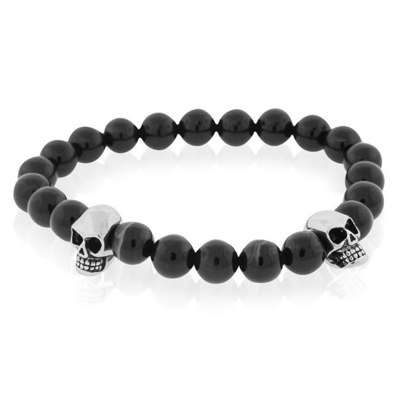 EDFORCE Stainless Steel Black Beads Silver-Tone Skulls Mens Stretch Bracelet, 8"