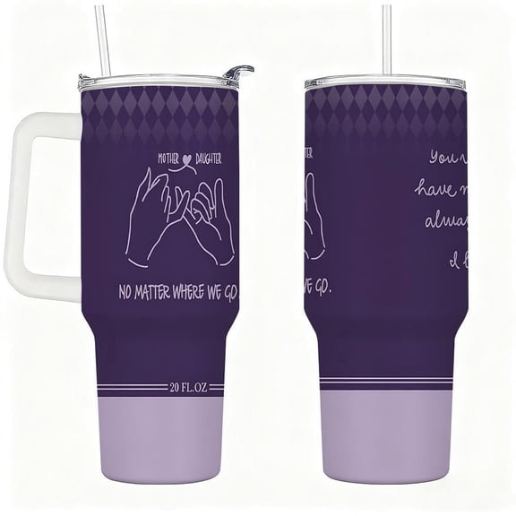 Stainless Steel Insulated Tumbler with Handle and Straw, Mother and Daughter Love Design Travel Cup