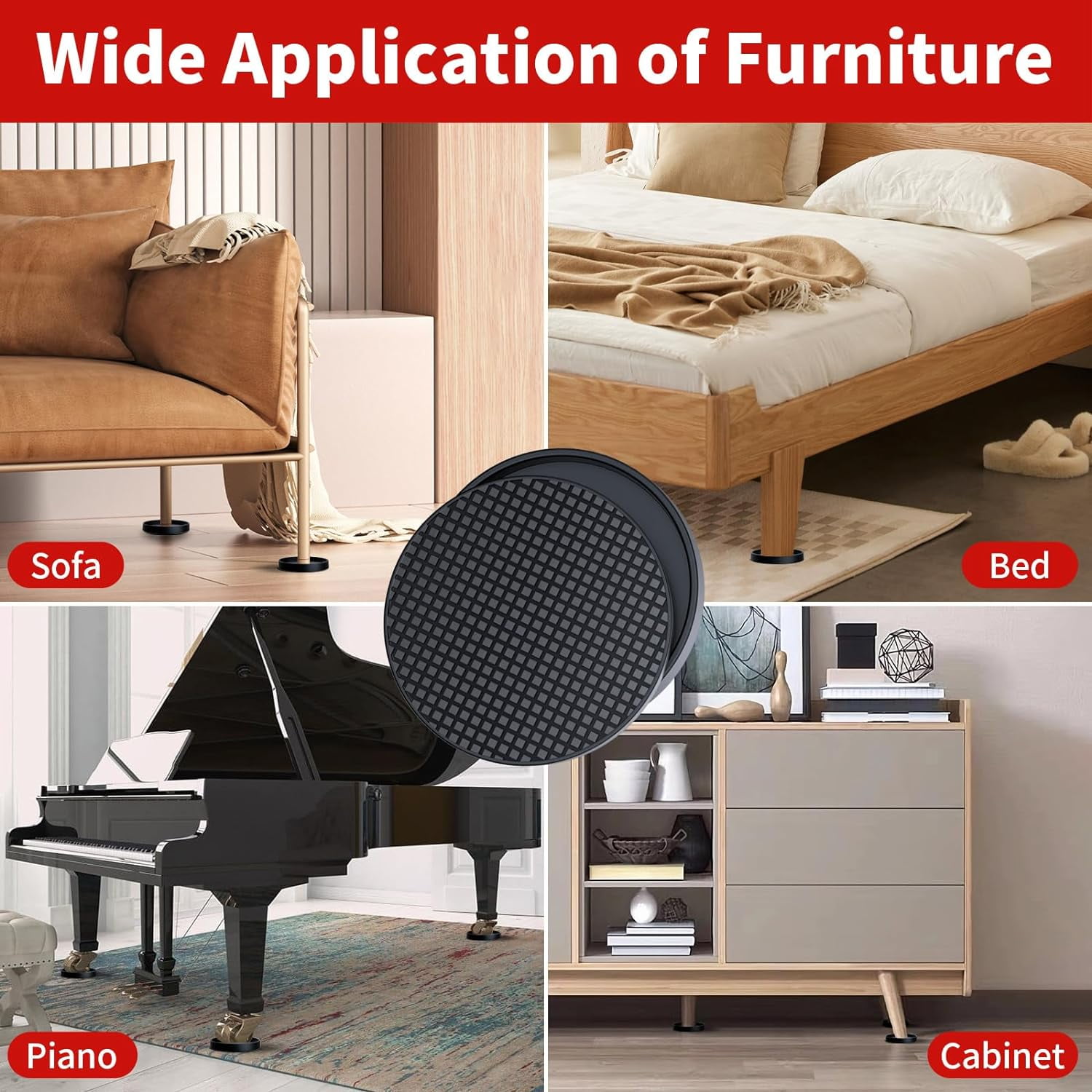 3.5 Inch Non Slip Rubber Furniture Pads for Hardwoods Floors, 16 Pack Round Non Skid Furniture Caster Cups Coasters, Furniture Feet Floor Protectors for Bed Couch Stoppers to Prevent Sliding (Black)