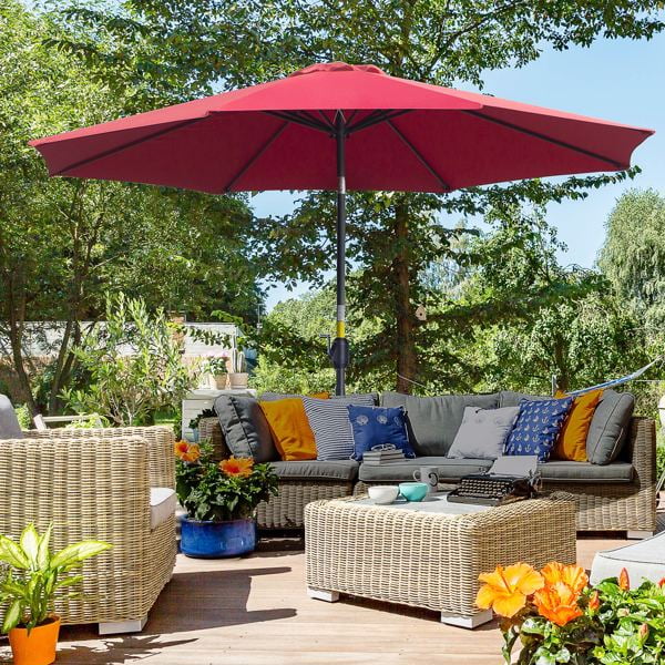 Parasol de Patio Rond de 10 Pieds, Rouge Vin et Noir, 8 Baleines, Inclinaison à Manivelle, Pliable et Portable, Cadre en Acier, Polyester de Protection Solaire 180 G/m2, Dessus en Gourde pour Jardin, Piscine, Café