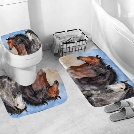 3 Pcs Running Horse Bathroom Rug Sets, Non Slip Bath Mat, Contour Mat and Toilet Lid Cover, Bathroom Mats Shower Mats Bath Rug Mat for Tub Shower and Bathroom