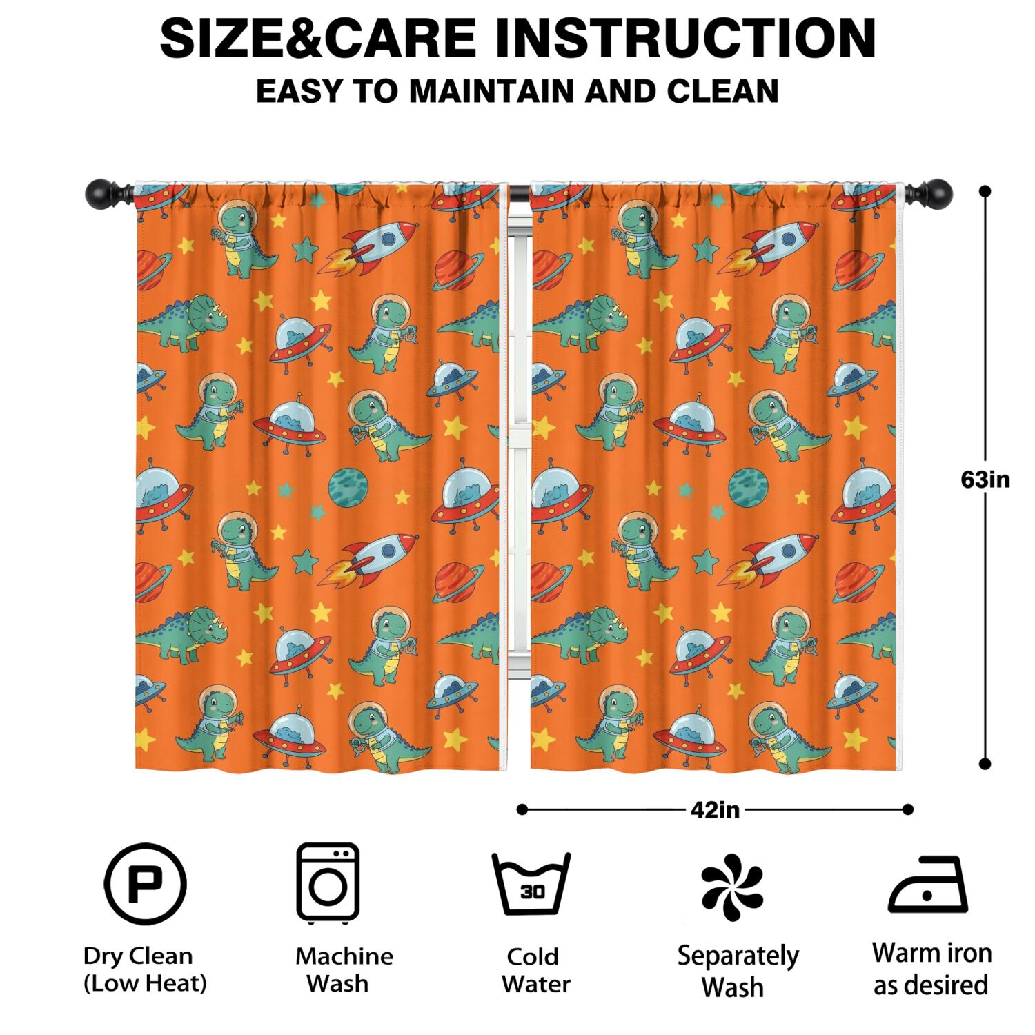 Blackout Kids Curtains,Orange Cartoon Dinosaurs Rockets Planets Pattern Childrens Insulated Curtains Set Of 2,Bedroom Essentials,Toddler Room Decor 42"x63"