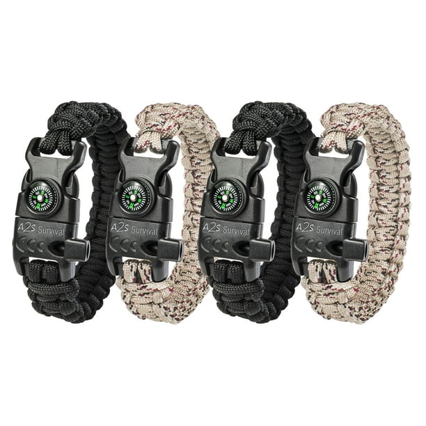A2S Protection Paracord K2-Peak - 4 pack Survival Gear Kit with Embedded Compass, Fire Starter, Emergency Knife & (Black Χ2 / camo 8" X2) - Walmart.com