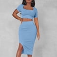 thumbnail image 6 of KIHOUT Women 2 Piece Summer Ribbed Outfit Square Neck Short Sleeve Cropped Top High Waist Slit Midi Bodycon Skirt Casual Matching Set For Club Party Dating, 6 of 8