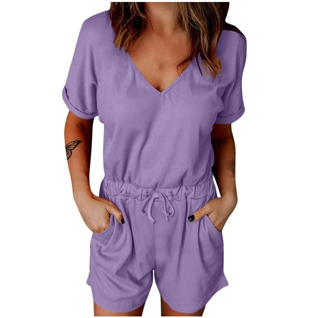 Diufon Women's Romper Summer Casual Short Sleeve V Neck Knitted Drawstring Jumpsuits with Pockets