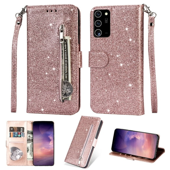 Galaxy Note 20 Case 2020, Allytech PU Leather Bling Glitter Design Flip Cover with Hand Strap Zipper Pocket Cards Slots Scratch Resistant Wallet Case Cover for Samsung Galaxy Note 20, Rosegold