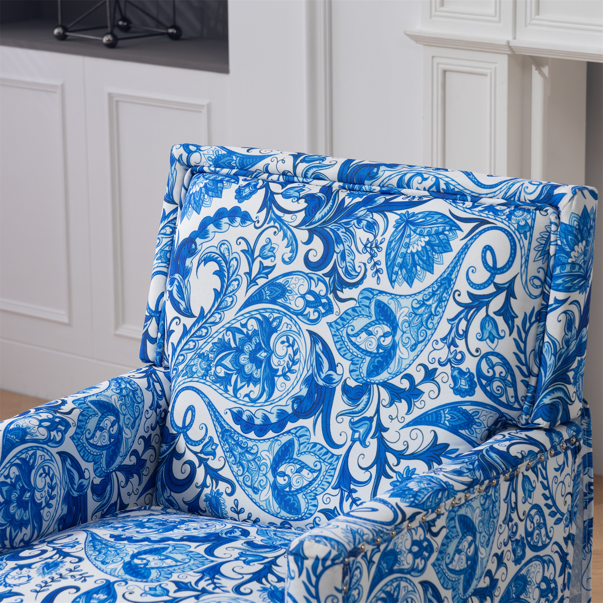 Aukfa Accent Chair Mid-Century Modern High Back Armchair Lounge for Living Room, Rivet Trim, Blue-and-White Porcelain Pattern