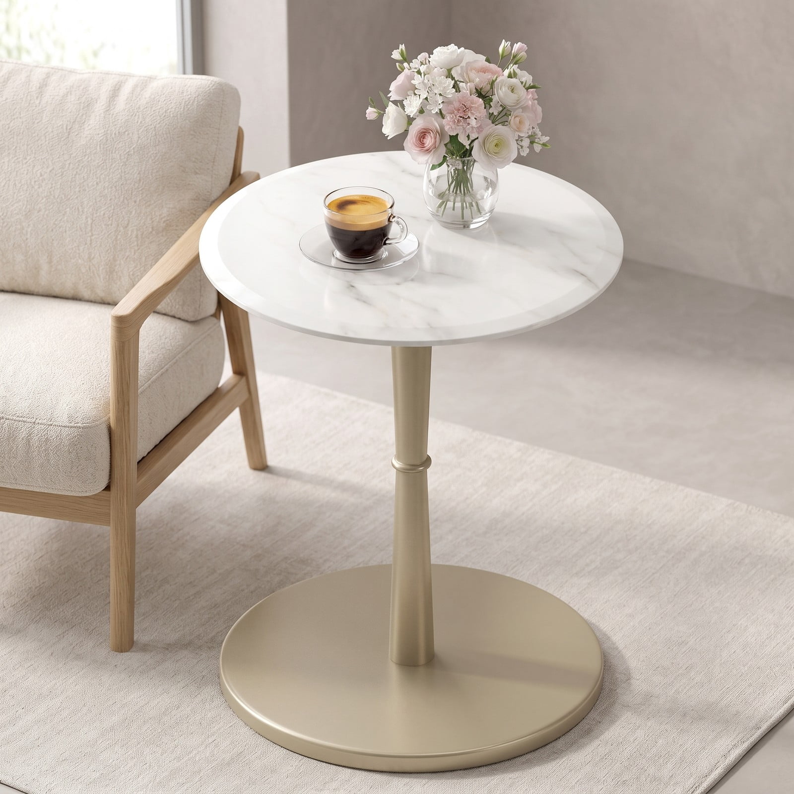 Furnibear Round Marble Side Table, Genuine Stone End Table with Solid Wood Base, Waterproof Heat-Resistant Accent Nightstand for Living Room Bedroom, White and Gold