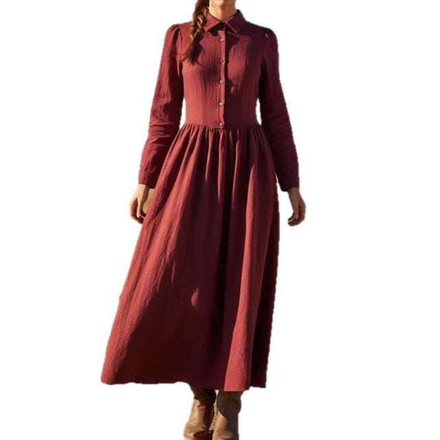 Daiosportswear Robe-Chemise Maxi pour Femme à Manches Longues, Col à Revers, devant Boutonné, Taille Ajustée, Élégante, Robe de Bureau Décontractée, Robes pour Femmes Bordeaux m(m)