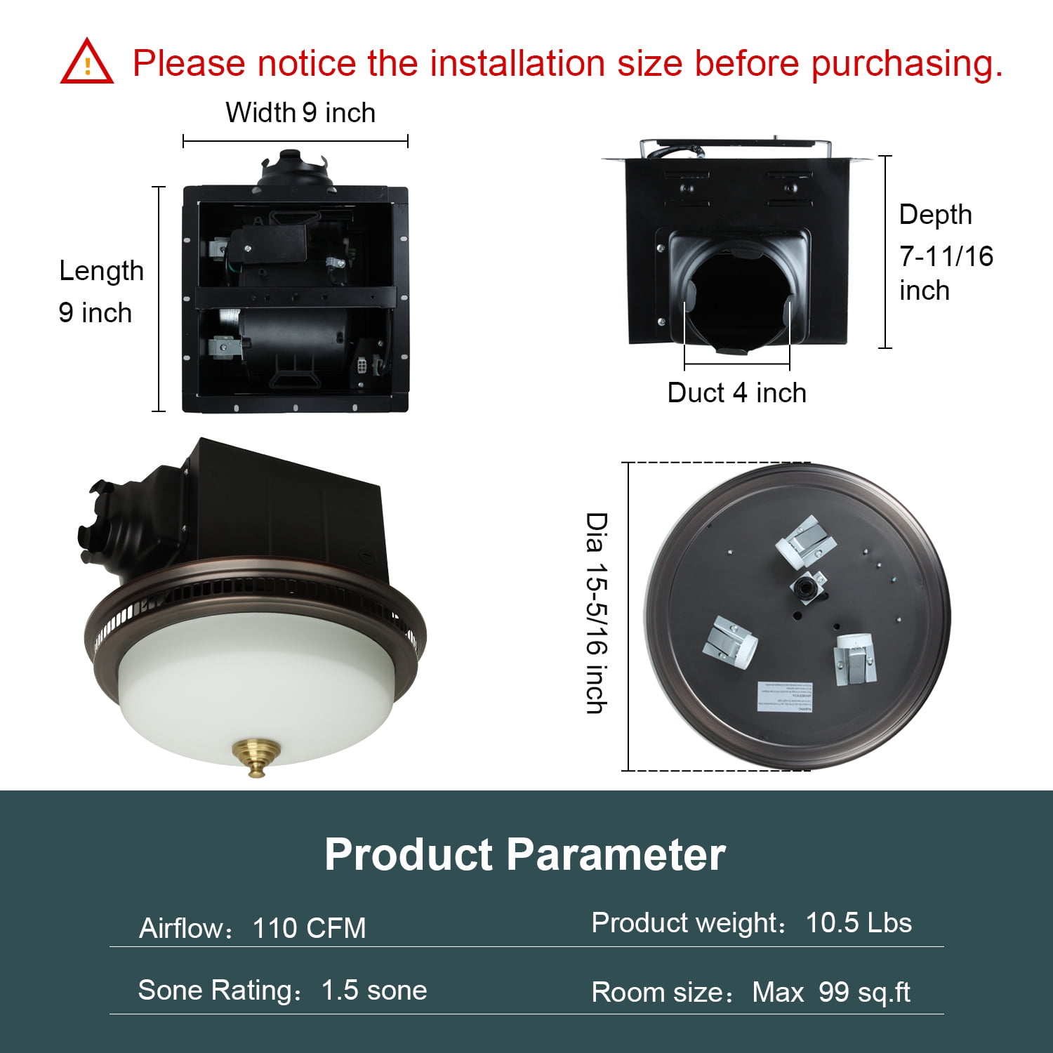 Ultra Quiet Bathroom Exhaust Fan with LED Light & Nightlight 110 CFM 1.5 Sone Bathroom Ventilation Fan with Round Frosted Glass Cover Oil Rubbed Bronze
