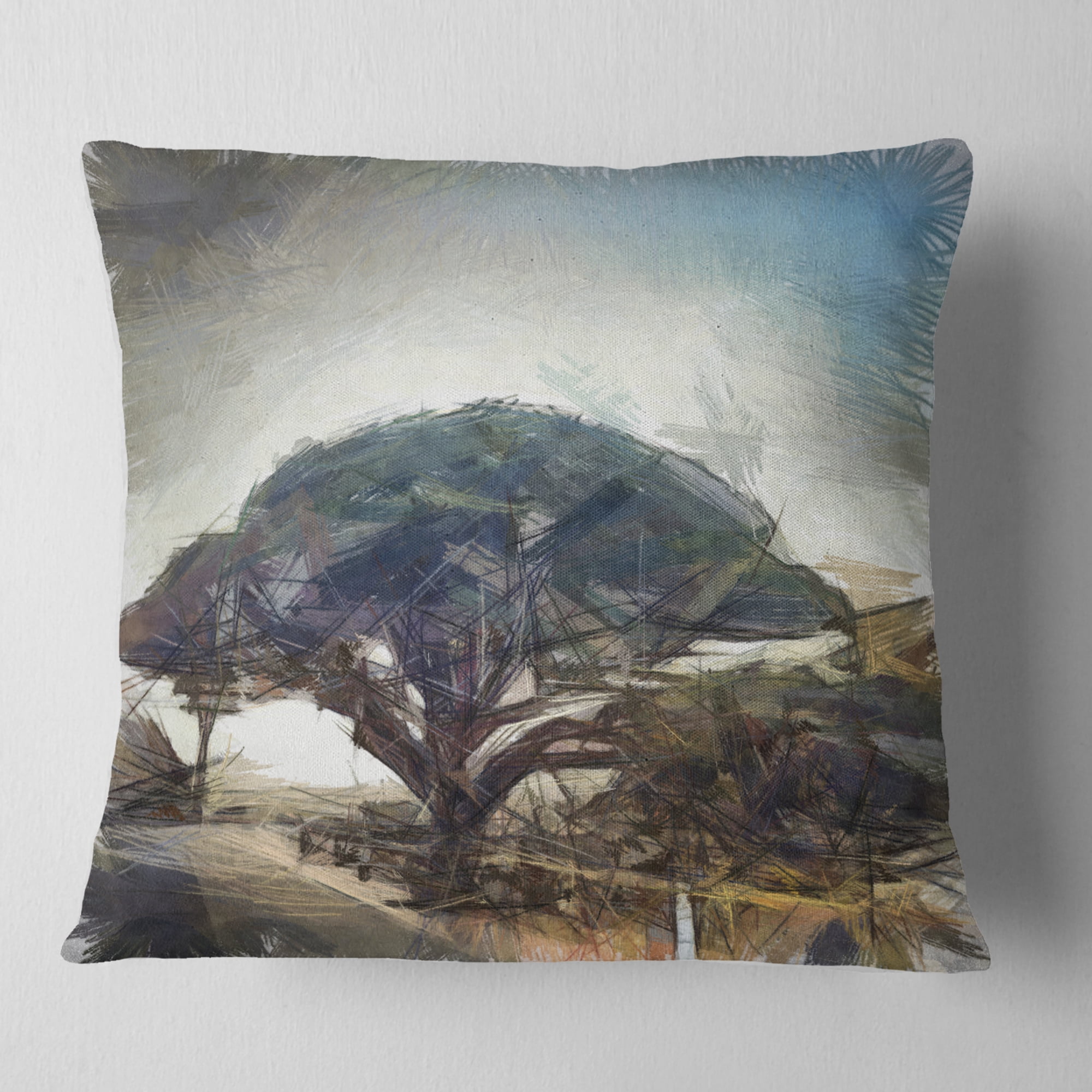 Designart Lonely Oak Tree Watercolor Sketch - Landscape Printed Throw Pillow - 16x16
