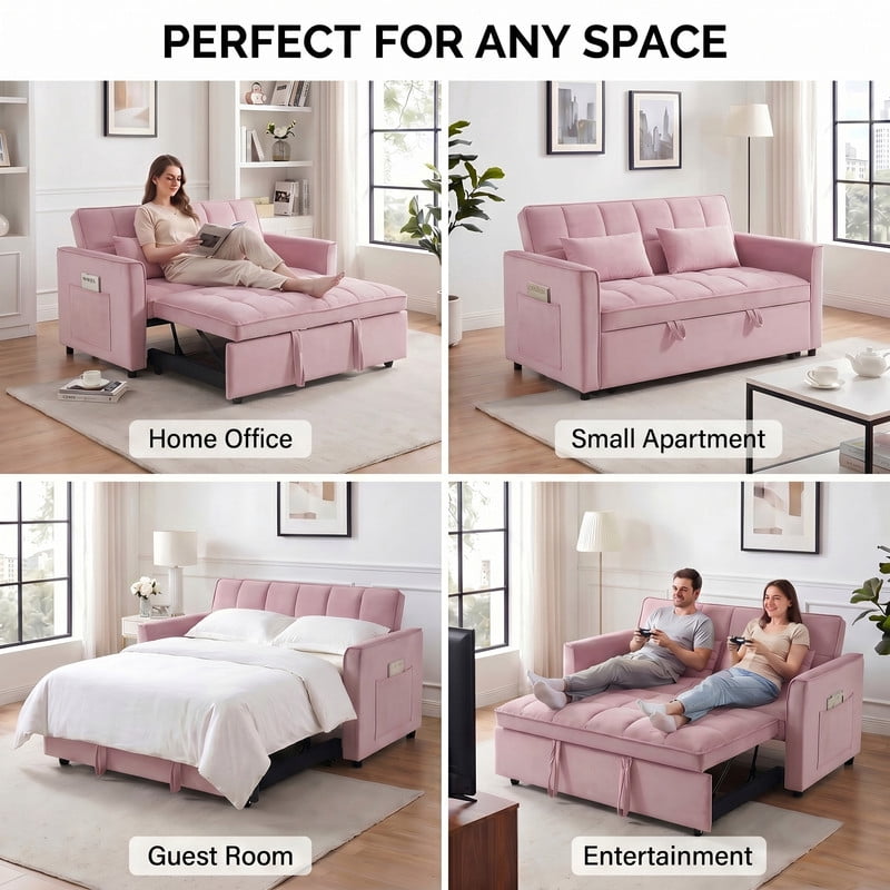 Gewnee 55" Sofa Bed, Convertible Sleeper Sofa & Pull Out Couch, 3-in-1 Velvet Loveseat with Adjustable Backrest and Storage Pocket, Pink