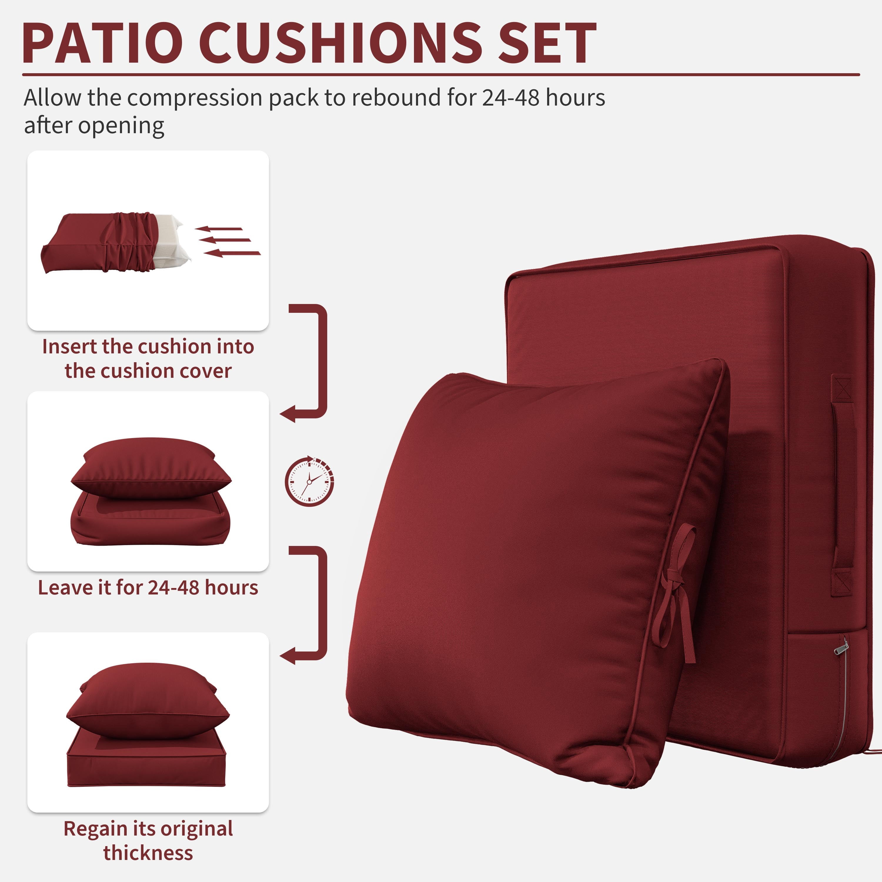 Kimunuk Outdoor Seat Cushion Set, 22" X 24" X 4" Water-Resistant & Fade-Resistant Patio Furniture Replacement Cushions with Handle and Straps for Sofa Chair, Burgundy