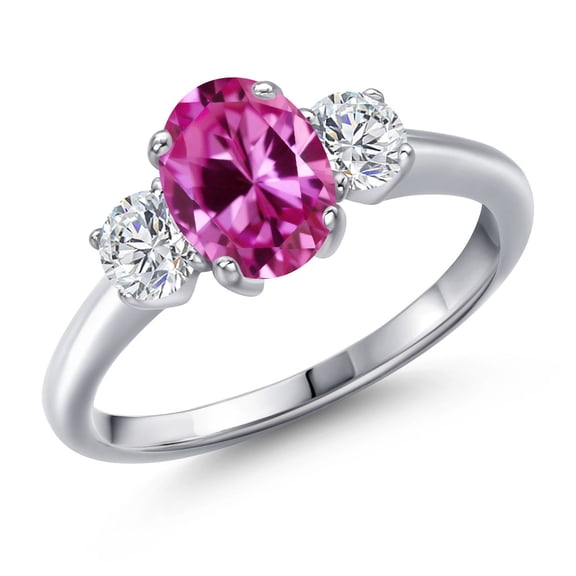 Gem Stone King 2.19 Ct Oval Pink Created Sapphire G/H Lab Grown Diamond 925 Sterling Silver Ring