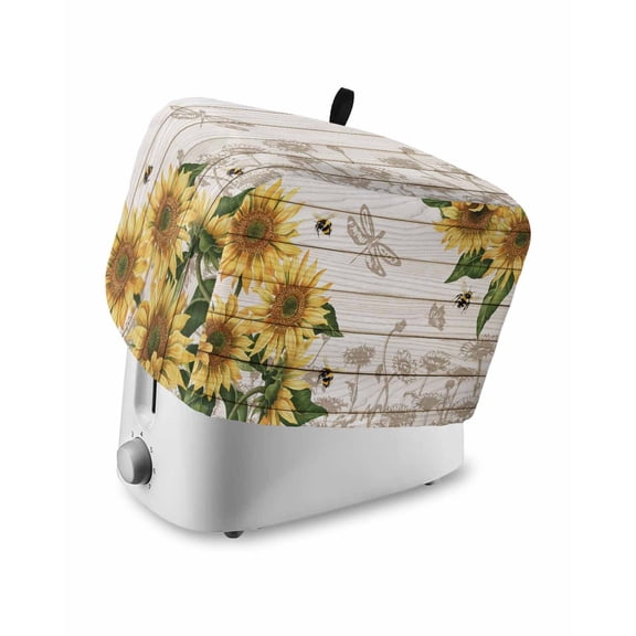 Sunflowers Toaster Cover 4 Slice, Farmhouse Botanical Flowers Bees Wooden Dustproof Bread Machine Oven Cover with Storage Pockets, Fits Most Kitchen Toasters Protector