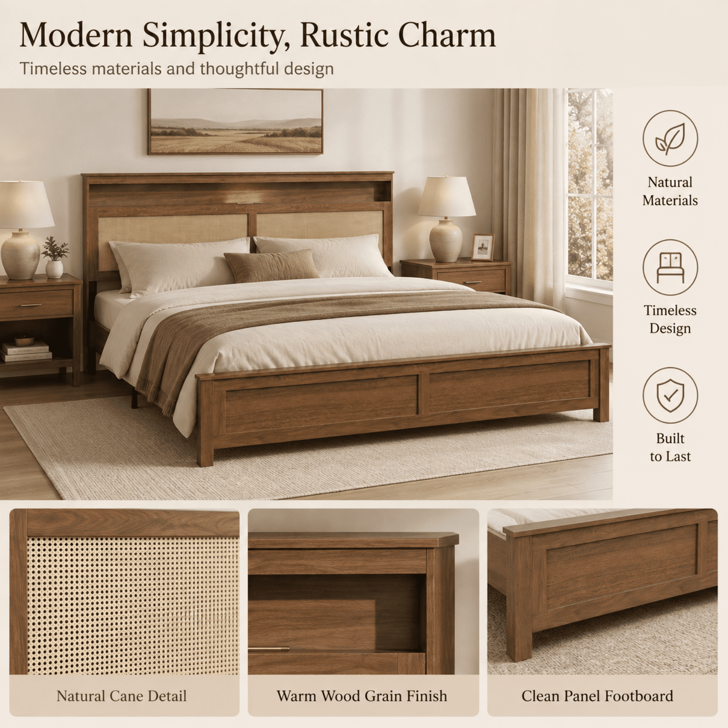 Miniyam King Bed Frame with Storage Headboard, LED Light and Charging Station, Cane-Inspired Platform Bed, Brown