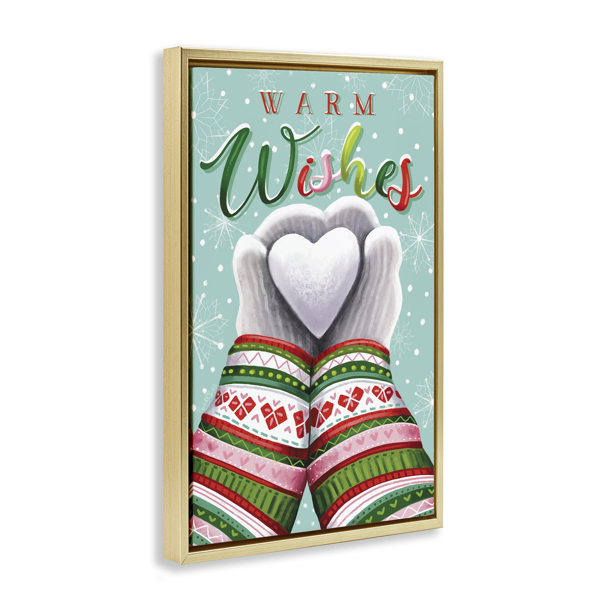 Stupell Industries Warm Wishes with Heart Holiday Painting Gold Floater Framed Art Print Wall Art, 21 x 31