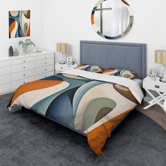 Designart "Symmetrical Visions Blue Orange Harmony" Abstract Shapes Bedding Covert Set - Abstract Blue Modern Bed Set With 2 Shams