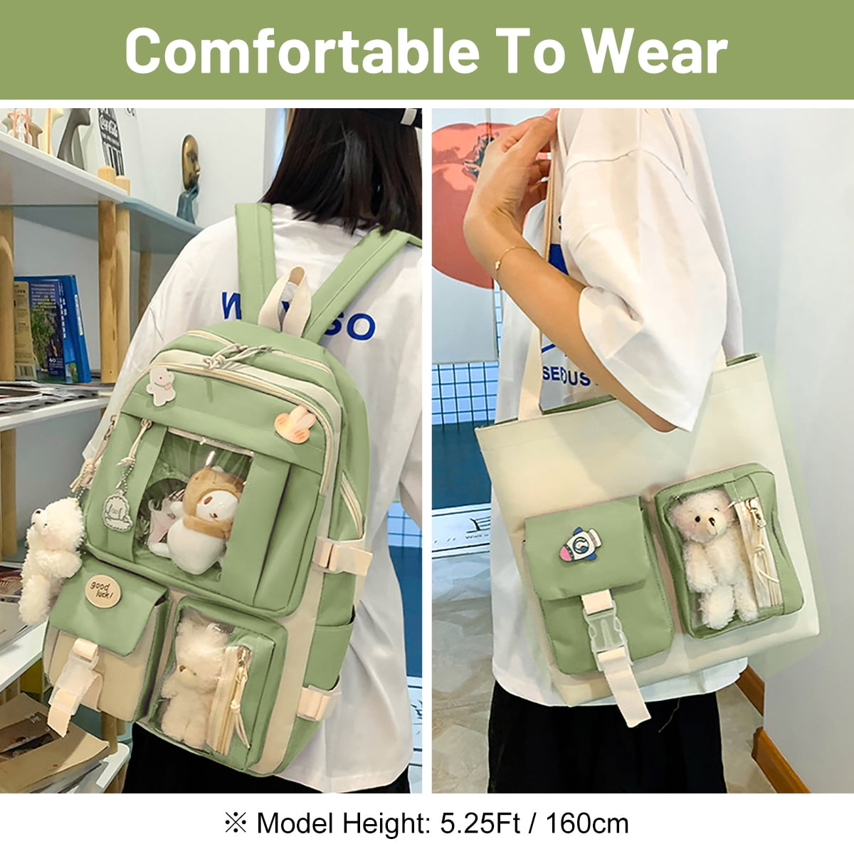 Sanmadrola 5PCS School Backpacks Cute Plush Bear Backpack Set with Pendants and Pins Accessories Kawaii Laptop Bag School Bags, Green