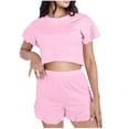 thumbnail image 3 of Ensembles de Pyjama pour Femmes 2 Pcs Manches Courtes Ensembles de Pyjama Col Rond Manches Courtes Hauts de Pyjama Courts Chemisiers Unis Classique Ultra Doux Texturé Athlétique Extensible Shorts de Pyjama Nuisette, 3 of 7