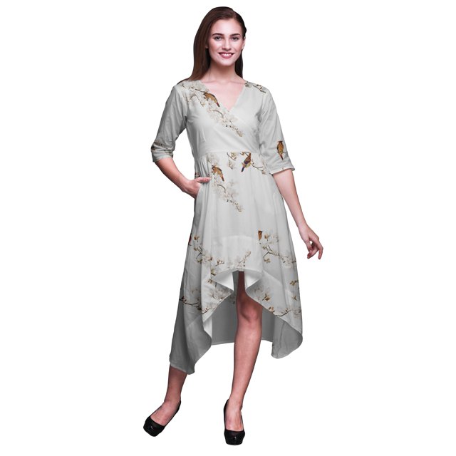 Bimba Robe Droite Asymétrique pour Femmes en Coton à Imprimé de Fleurs Blanches et d'Oiseaux Bulbes avec Poche, Manches Courtes, Col en V, Mi-Longue - Petit