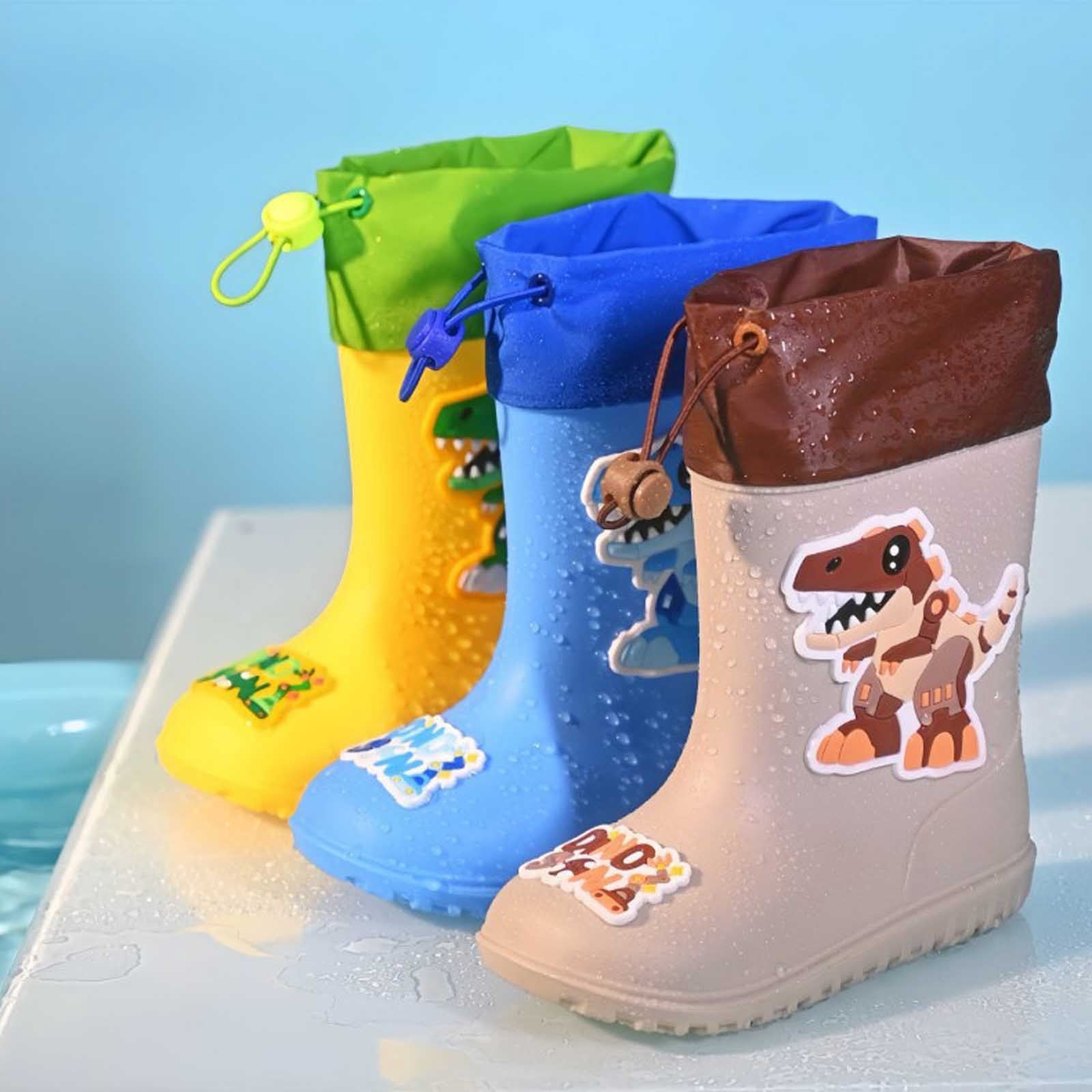 Wuxian Rain Boot For Girls Rain Boots Lightweight Anti- Cute Cartoon Dinosaur Pattern Rain Booties Waterproof Soft Sole Easy Put On Drawstring Rainy Shoes,Blue,11-11.5T