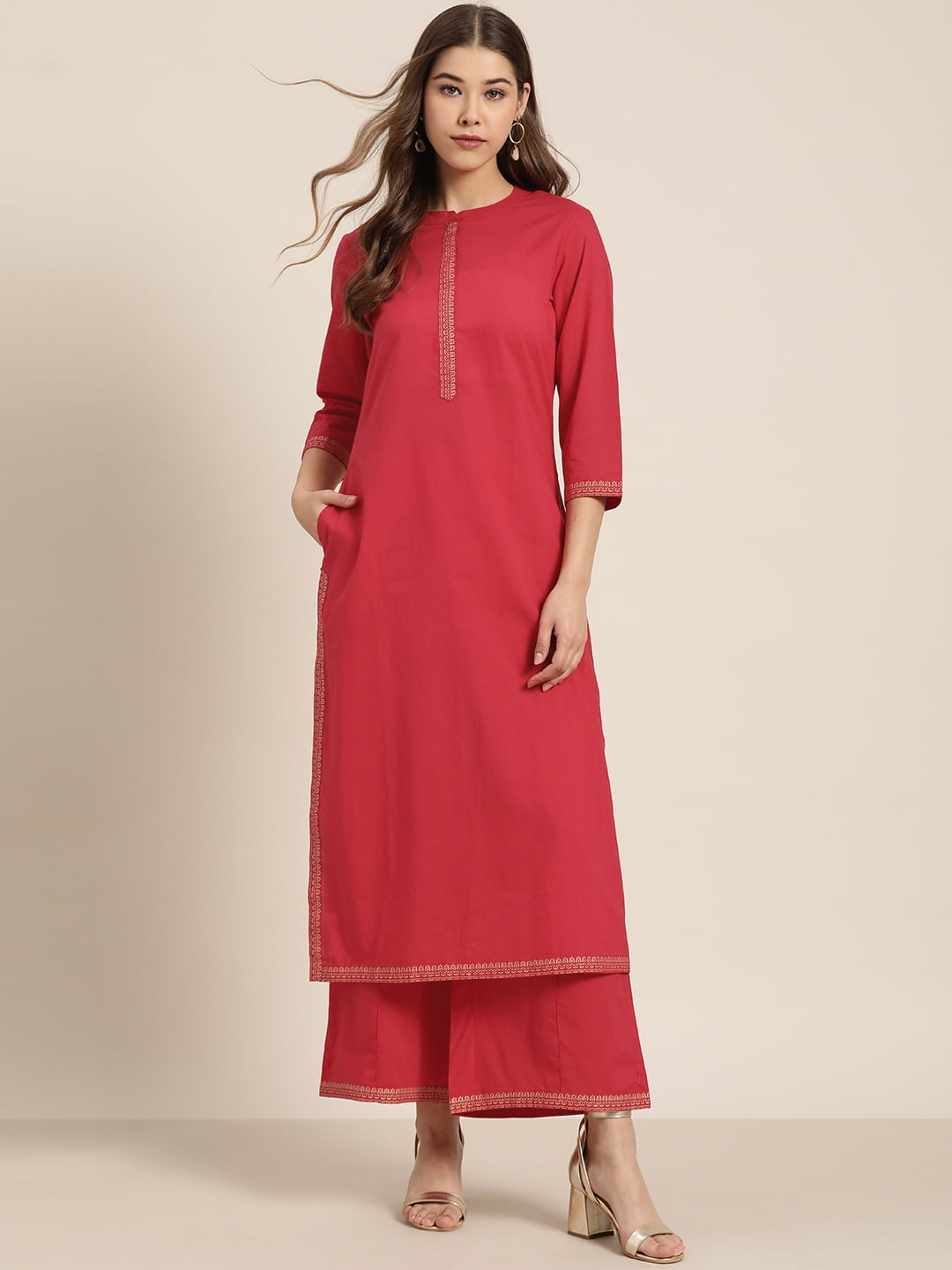 Sangria By Myntra Kurta Set For Women Party Wear Mandarin Collar Pink