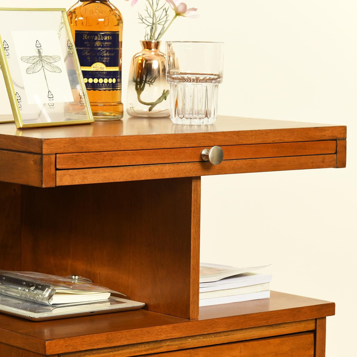 Homylin Wooden Nightstand with 2 Drawers and Open Shelf, 20" Sofa Side Table Extendable Top End Table Accent Table for Living Room, Bedroom, Small Spaces - Brown