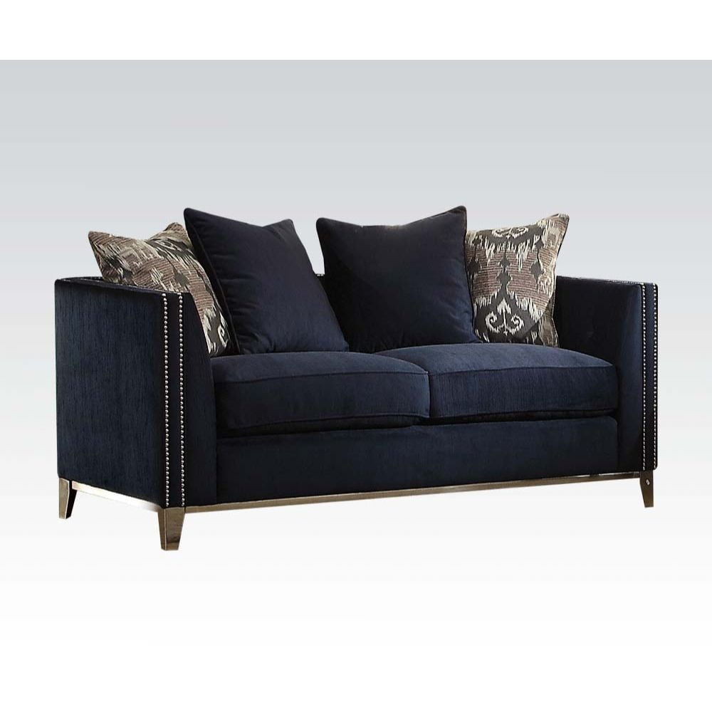 Blue Tufted Microfiber Loveseat with Nailhead Trim